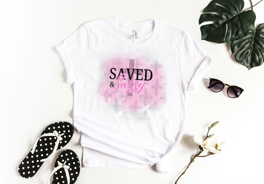 Saved & Sassy Tee – Soft Pink Cross Edition